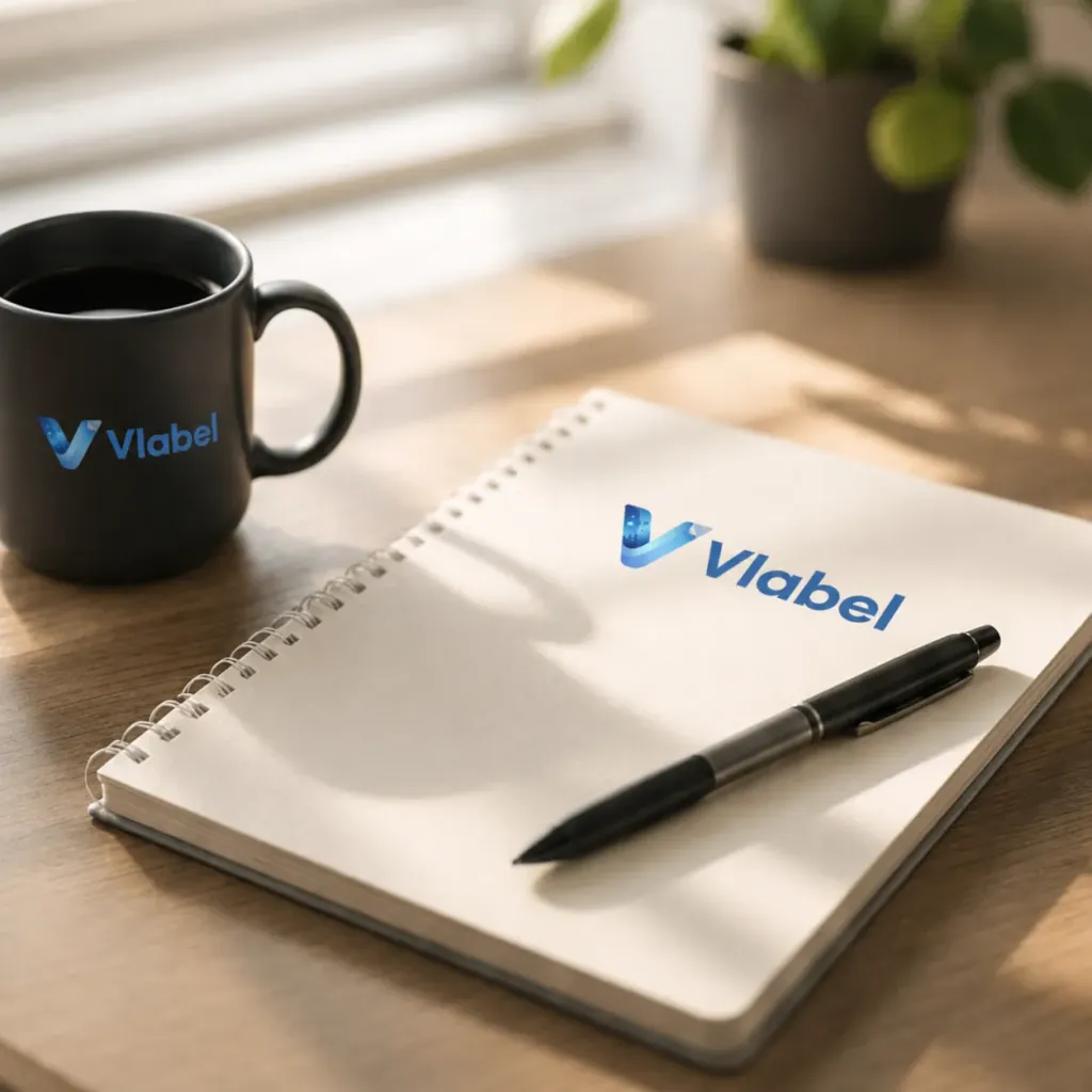 A Vlabel notebook, mug, and pen on a desk