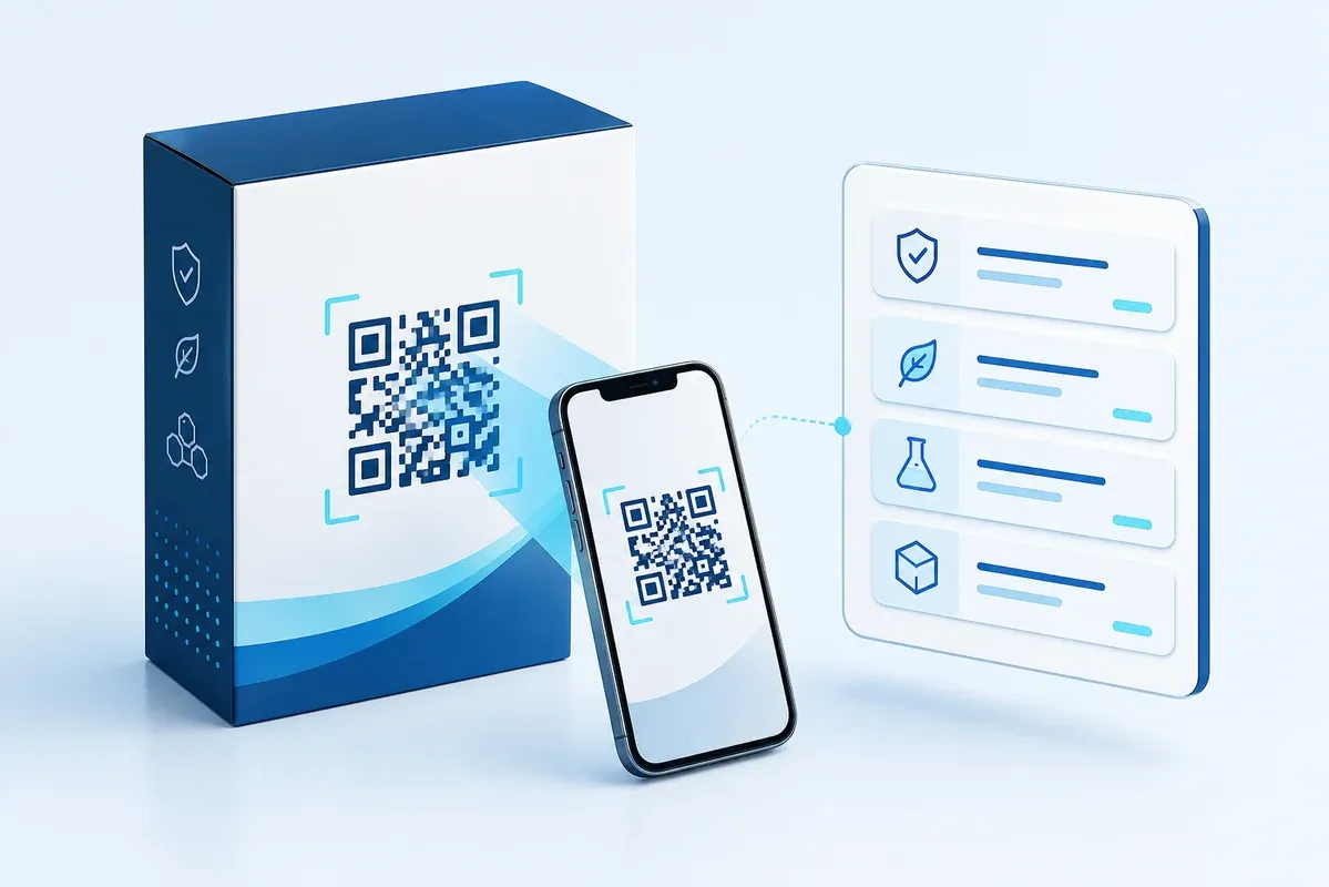 A QR code on packaging opening the four electronic-label information fields